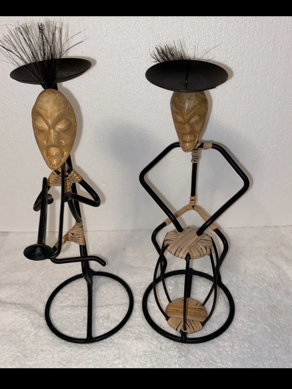 MCM Lonborg Candle Holders Musicians Drummer Trombonist Metal Rattan Set Denmark